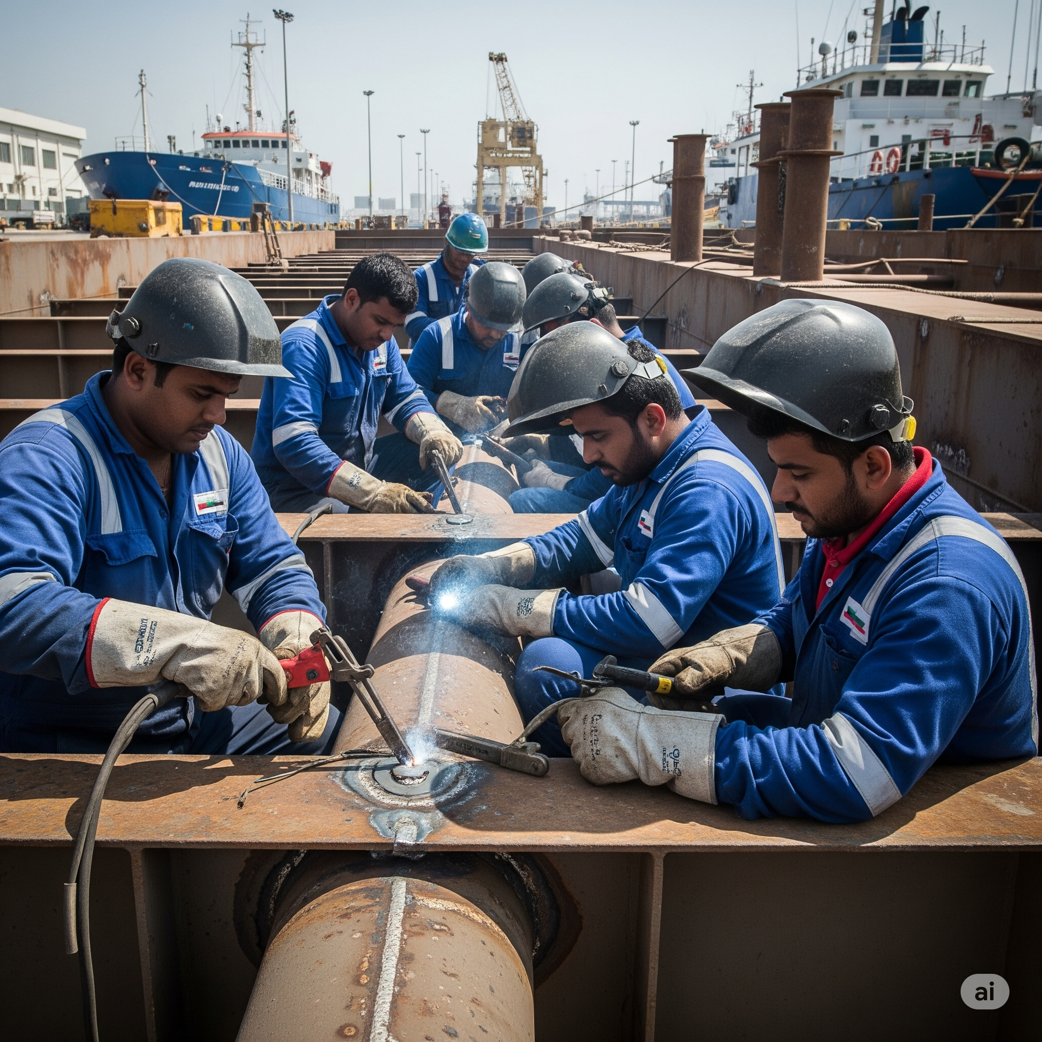 Workers performing steel jobs on ship hull