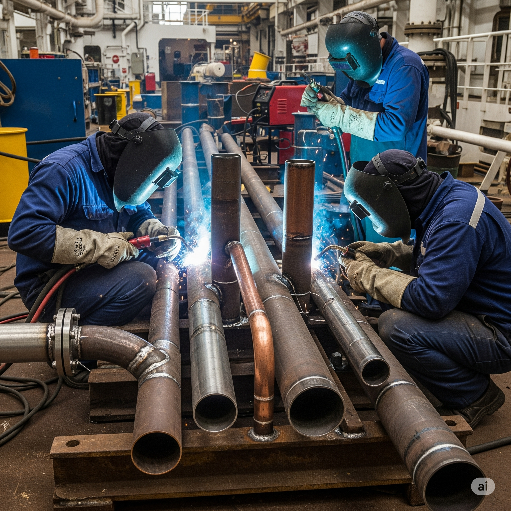 Workers welding pipes
